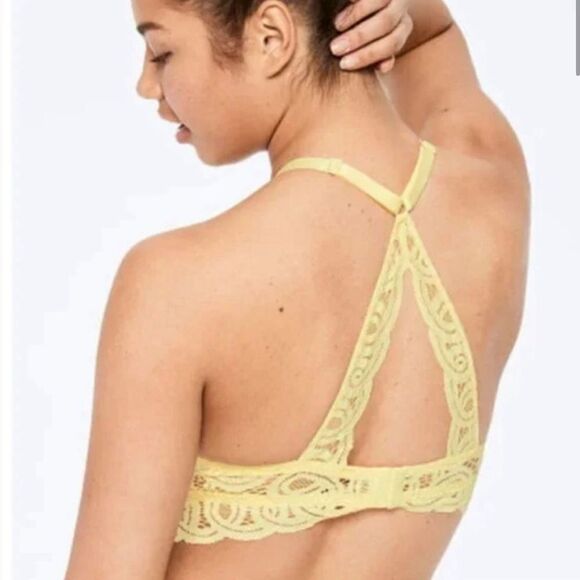 PINK Victorias Secret sexy Lace High Neck yellow padded push up bralette bra M - Picture 2 of 13